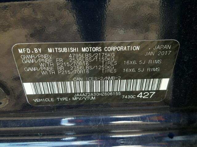 JA4AZ2A30HZ606155 - 2017 MITSUBISHI OUTLANDER BLUE photo 10