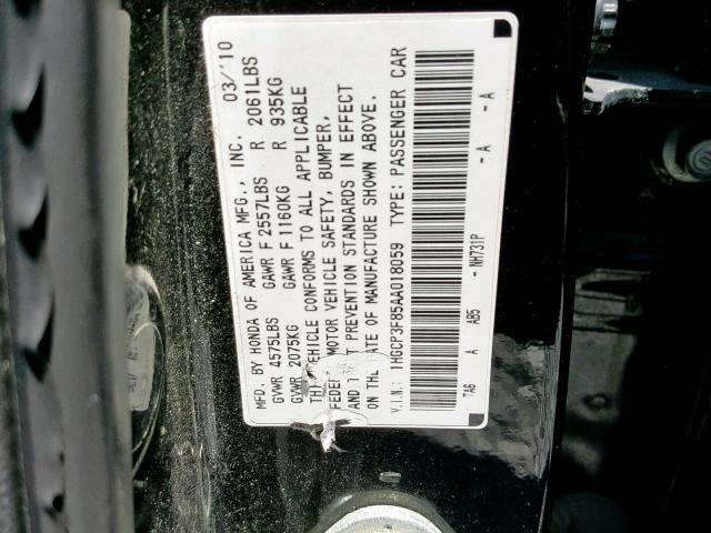 1HGCP3F85AA018059 - 2010 HONDA ACCORD EXL BLACK photo 10