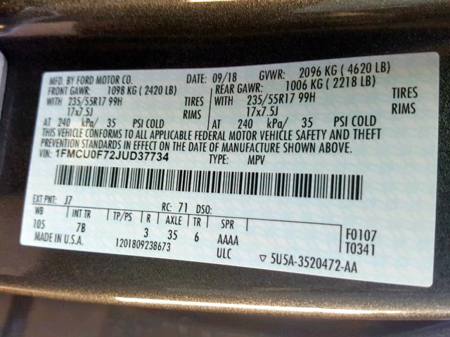 1FMCU0F72JUD37734 - 2018 FORD ESCAPE S GRAY photo 10