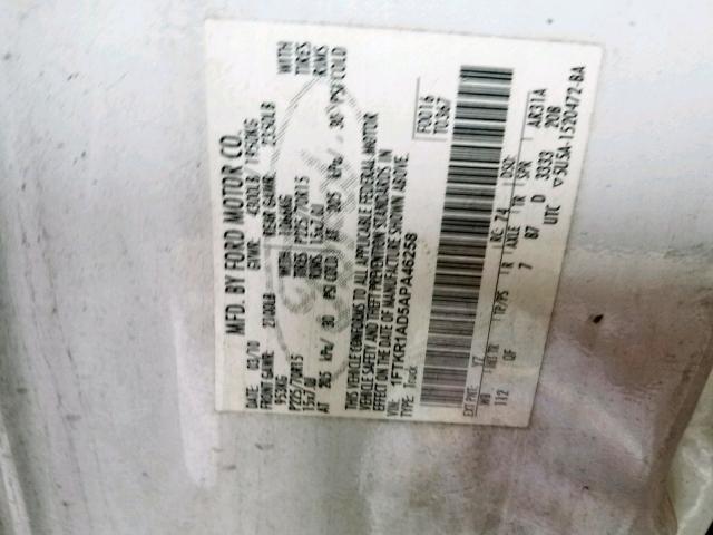 1FTKR1AD5APA46258 - 2010 FORD RANGER WHITE photo 10