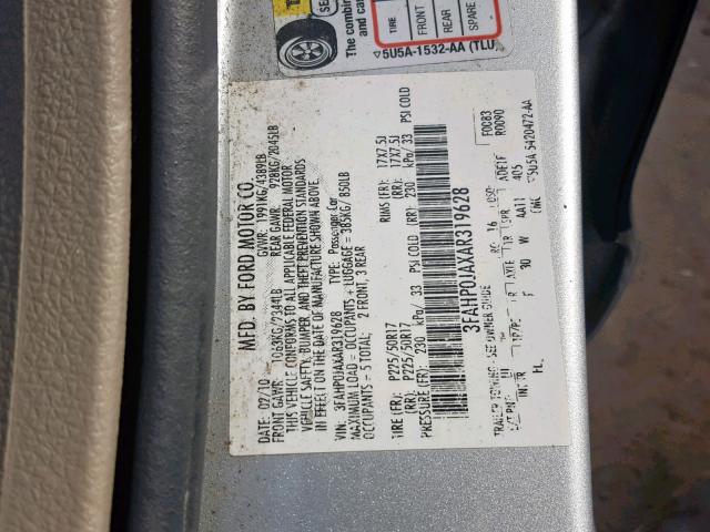 3FAHP0JAXAR319628 - 2010 FORD FUSION SEL SILVER photo 10