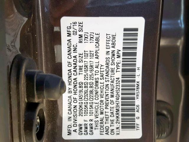 2HKRM3H74GH523324 - 2016 HONDA CR-V EXL BROWN photo 10