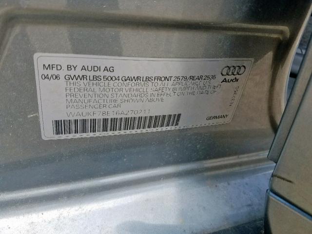 WAUKF78E16A270211 - 2006 AUDI A4 2.0T AV SILVER photo 10