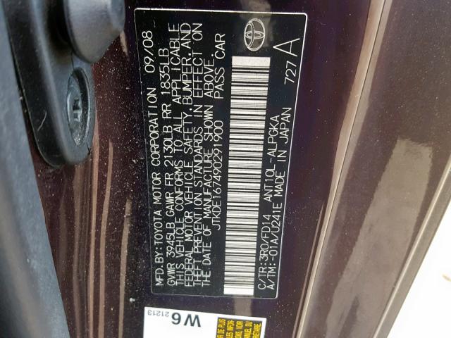 JTKDE167490291900 - 2009 TOYOTA SCION TC 紫色 照片 10