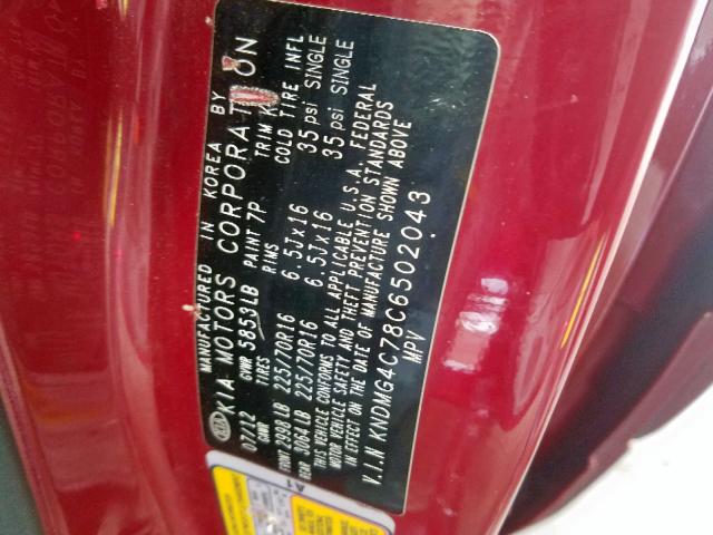 KNDMG4C78C6502043 - 2012 KIA SEDONA LX RED photo 10