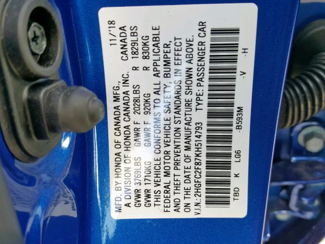 2HGFC2F87KH514793 - 2019 HONDA CIVIC SPOR BLUE photo 10