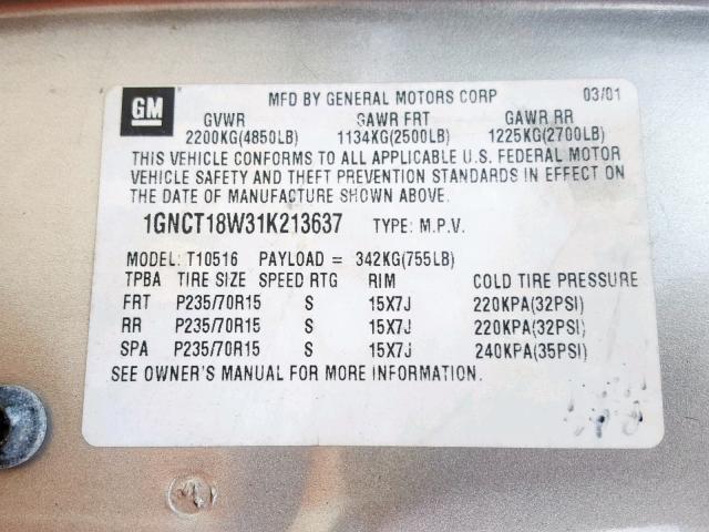 1GNCT18W31K213637 - 2001 CHEVROLET BLAZER GOLD photo 10