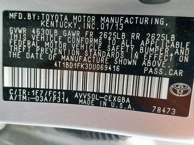 4T1BD1FK3DU069416 - 2013 TOYOTA CAMRY HYBR SILVER photo 10