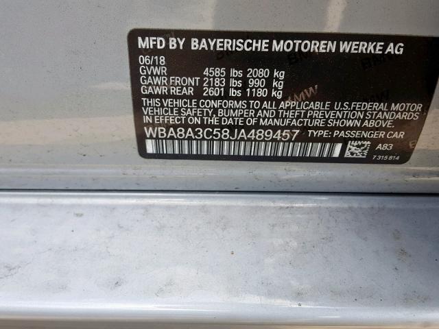 WBA8A3C58JA489457 - 2018 BMW 320 XI SILVER photo 10