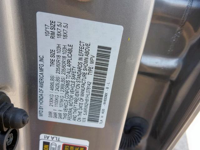 5J6RW2H81HL078142 - 2017 HONDA CR-V EXL GRAY photo 10