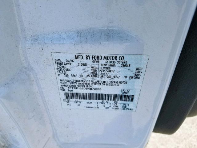 1FTRF12206NB73006 - 2006 FORD F150 WHITE photo 10