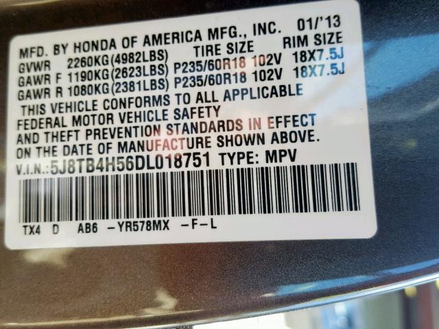 5J8TB4H56DL018751 - 2013 ACURA RDX TECHNO BROWN photo 10