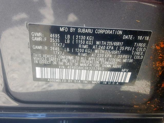 4S4BSAHC0K3252951 - 2019 SUBARU OUTBACK 2. GRAY photo 10