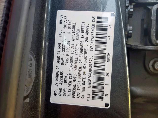 1HGCP26438A016750 - 2008 HONDA ACCORD LXP GRAY photo 10