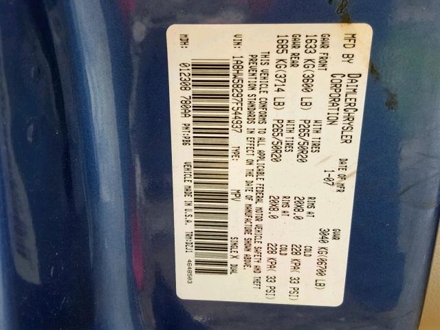 1A8HW58297F544937 - 2007 CHRYSLER ASPEN LIMI BLUE photo 10