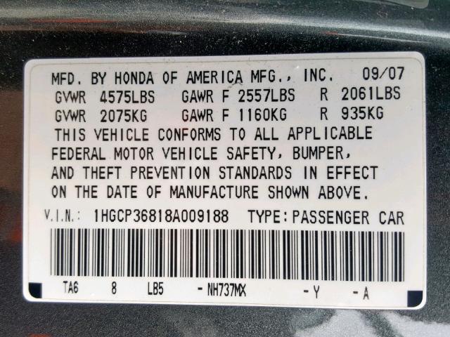 1HGCP36818A009188 - 2008 HONDA ACCORD EXL GRAY photo 10