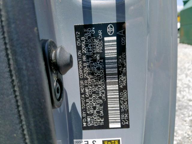 JTKJF5C73D3047514 - 2013 TOYOTA SCION TC ნაცრისფერი ფოტო 10