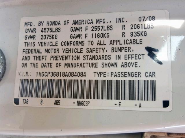 1HGCP36818A084084 - 2008 HONDA ACCORD EXL WHITE photo 10