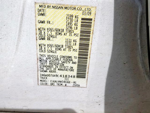 1N6AD07UX9C418348 - 2009 NISSAN FRONTIER C WHITE photo 10