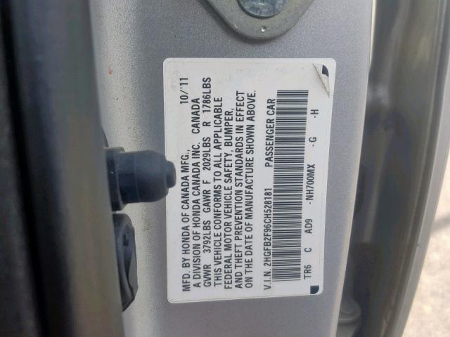 2HGFB2F96CH528181 - 2012 HONDA CIVIC EXL 银色 照片 10