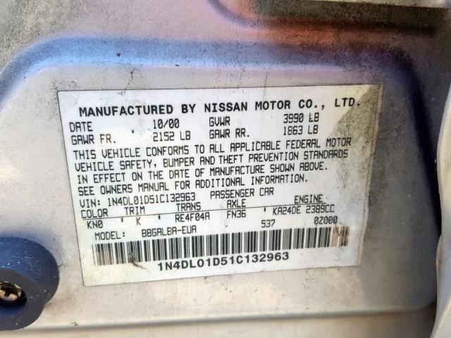 1N4DL01D51C132963 - 2001 NISSAN ALTIMA XE GRAY photo 10