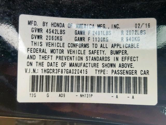 1HGCR3F87GA020415 - 2016 HONDA ACCORD EXL BLACK photo 10