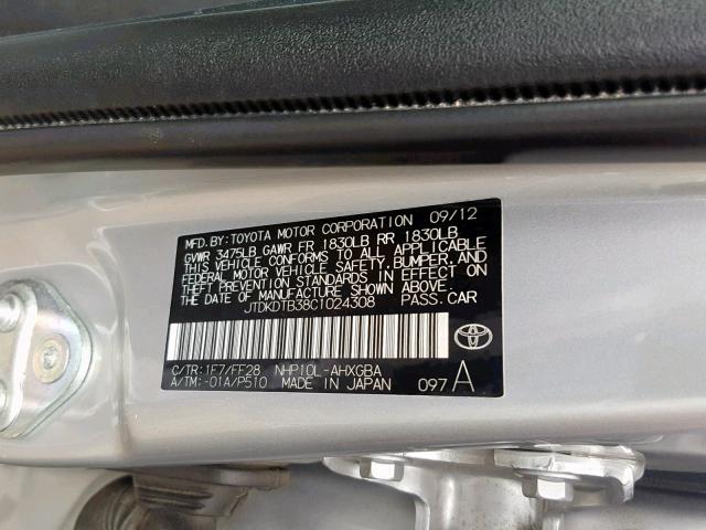 JTDKDTB38C1024308 - 2012 TOYOTA PRIUS C SILVER photo 10