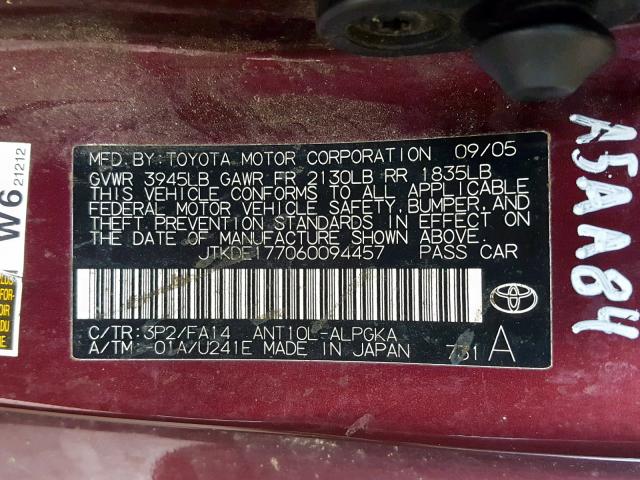 JTKDE177060094457 - 2006 TOYOTA SCION TC BURGUNDY photo 10