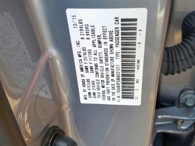 19UUB3F58GA001211 - 2016 ACURA TLX TECH SILVER photo 10