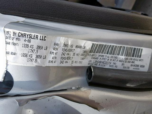 1J8HG48K48C221714 - 2008 JEEP COMMANDER ვერცხლისფერი ფოტო 10