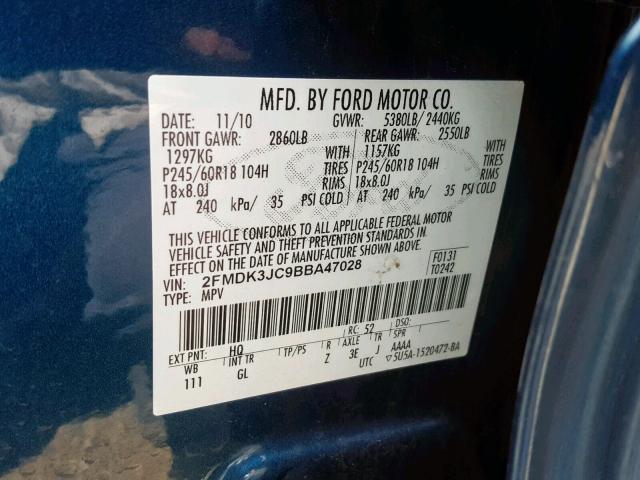 2FMDK3JC9BBA47028 - 2011 FORD EDGE SEL BLUE photo 10