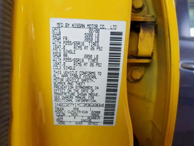 1N6ED27Y1YC396884 - 2000 NISSAN FRONTIER C YELLOW photo 10