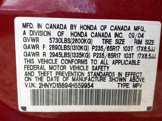 2HNYD18894H559954 - 2004 ACURA MDX TOURIN RED photo 10