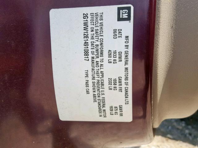 2G1WW12E149108817 - 2004 CHEVROLET MONTE CARL ბურგუნდია ფოტო 10