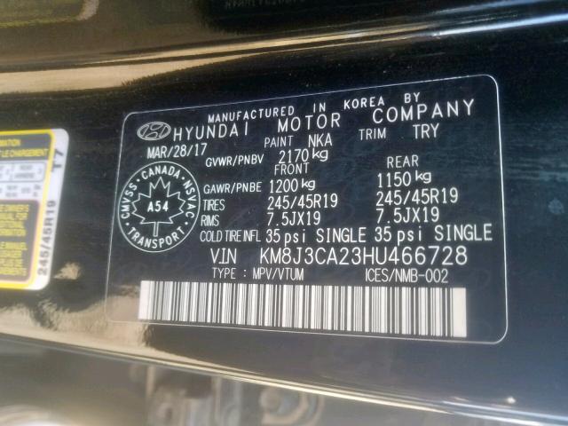 KM8J3CA23HU466728 - 2017 HYUNDAI TUCSON LIM BLACK photo 10