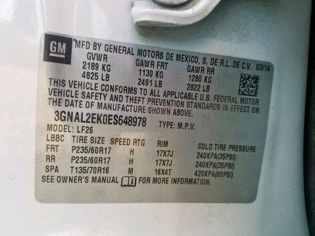 3GNAL2EK0ES648978 - 2014 CHEVROLET CAPTIVA LS 白色 照片 10