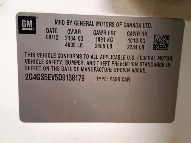 2G4GS5EV5D9138179 - 2013 BUICK REGAL PREM WHITE photo 10