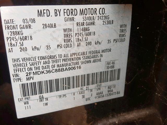 2FMDK36C88BA90616 - 2008 FORD EDGE SE BLACK photo 10