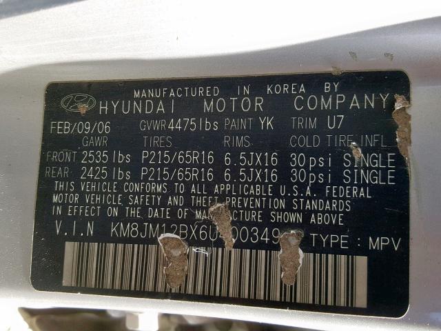 KM8JM12BX6U400349 - 2006 HYUNDAI TUCSON GL SILVER photo 10