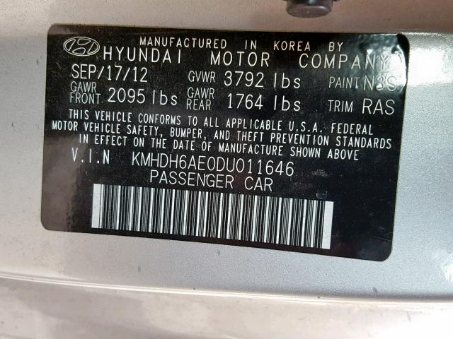 KMHDH6AE0DU011646 - 2013 HYUNDAI ELANTRA CO SILVER photo 10