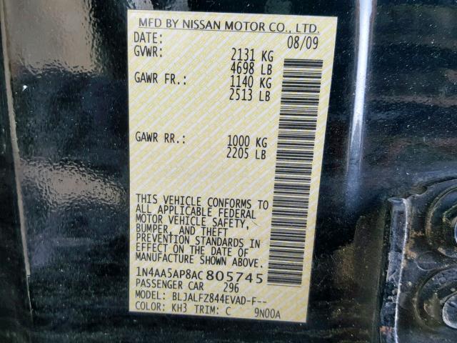 1N4AA5AP8AC805745 - 2010 NISSAN MAXIMA S BLACK photo 10