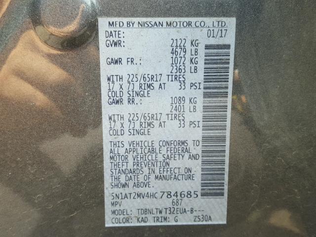 5N1AT2MV4HC784685 - 2017 NISSAN ROGUE SV GRAY photo 10