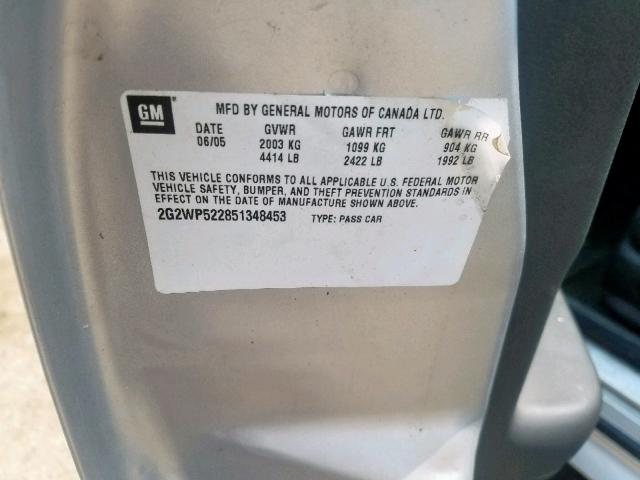 2G2WP522851348453 - 2005 PONTIAC GRAND PRIX SILVER photo 10