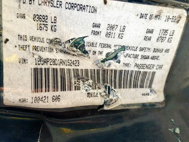 1B3AP28D1RN152423 - 1994 DODGE SHADOW GREEN photo 10