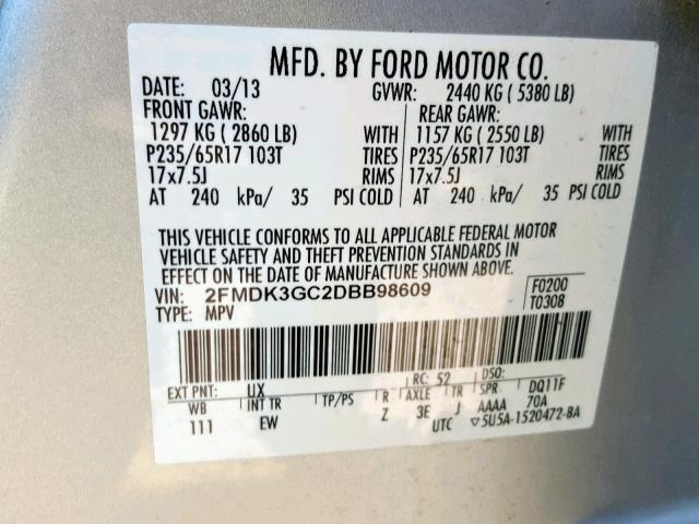 2FMDK3GC2DBB98609 - 2013 FORD EDGE SE SILVER photo 10