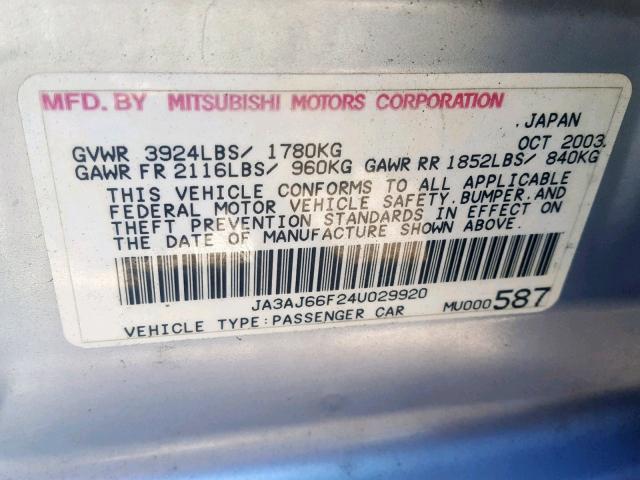 JA3AJ66F24U029920 - 2004 MITSUBISHI LANCER RAL SILVER photo 10