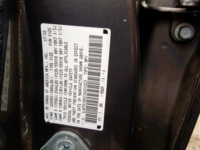 5J8TB18507A001023 - 2007 ACURA RDX TECHNO GRAY photo 10