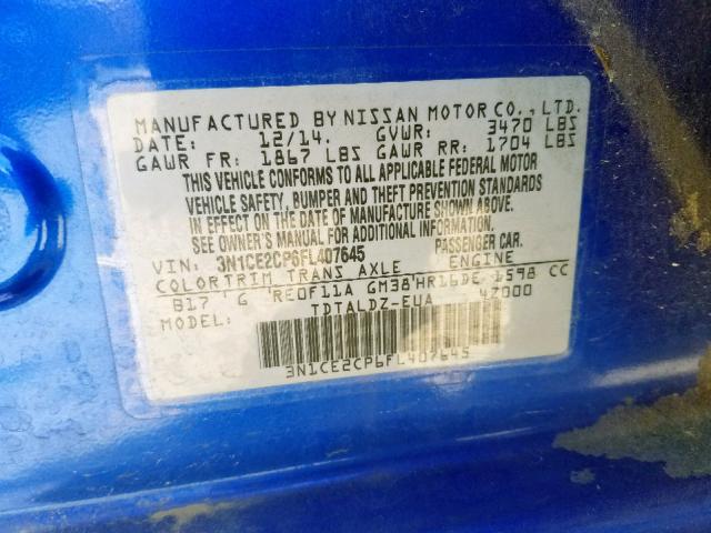 3N1CE2CP6FL407645 - 2015 NISSAN VERSA NOTE BLUE photo 10