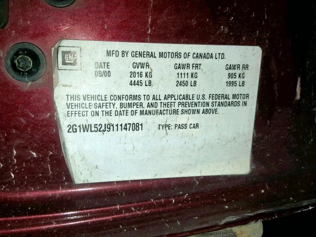 2G1WL52J911147081 - 2001 CHEVROLET LUMINA MAROON photo 10