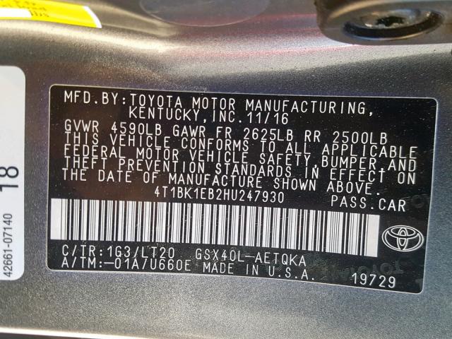 4T1BK1EB2HU247930 - 2017 TOYOTA AVALON XLE CHARCOAL photo 10